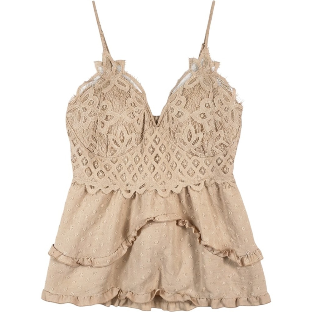 Rue+ Lace Overlay Smocked Babydoll Cami Tank Women 3X Beige Boho Flowy Ruffle